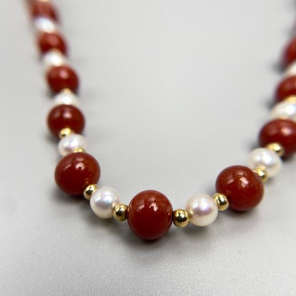 14K Gold Red Jade & Freshwater Pearl 24" Necklace ❤️ - Picture 6 of 12